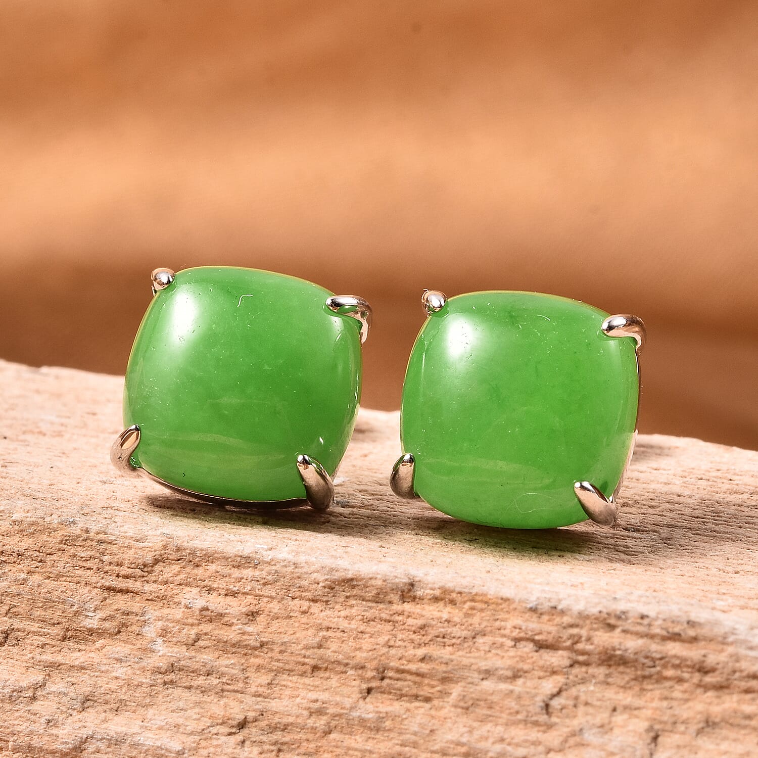 Green Jade Stud Earrings (with Push Back) in Rhodium Overlay Sterling Silver 9.00 Ct.