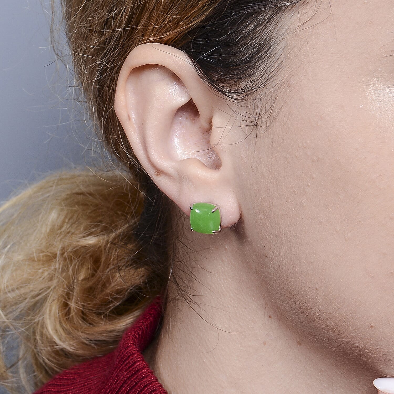 Green Jade Stud Earrings (with Push Back) in Rhodium Overlay Sterling Silver 9.00 Ct.