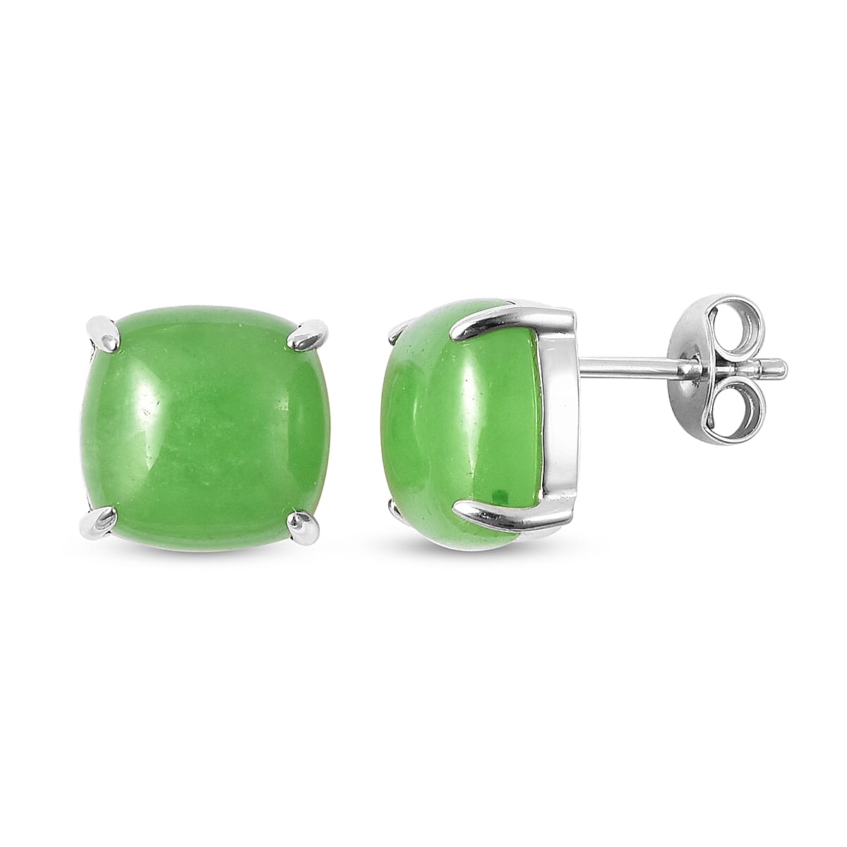 Green Jade Stud Earrings (with Push Back) in Rhodium Overlay Sterling Silver 9.00 Ct.