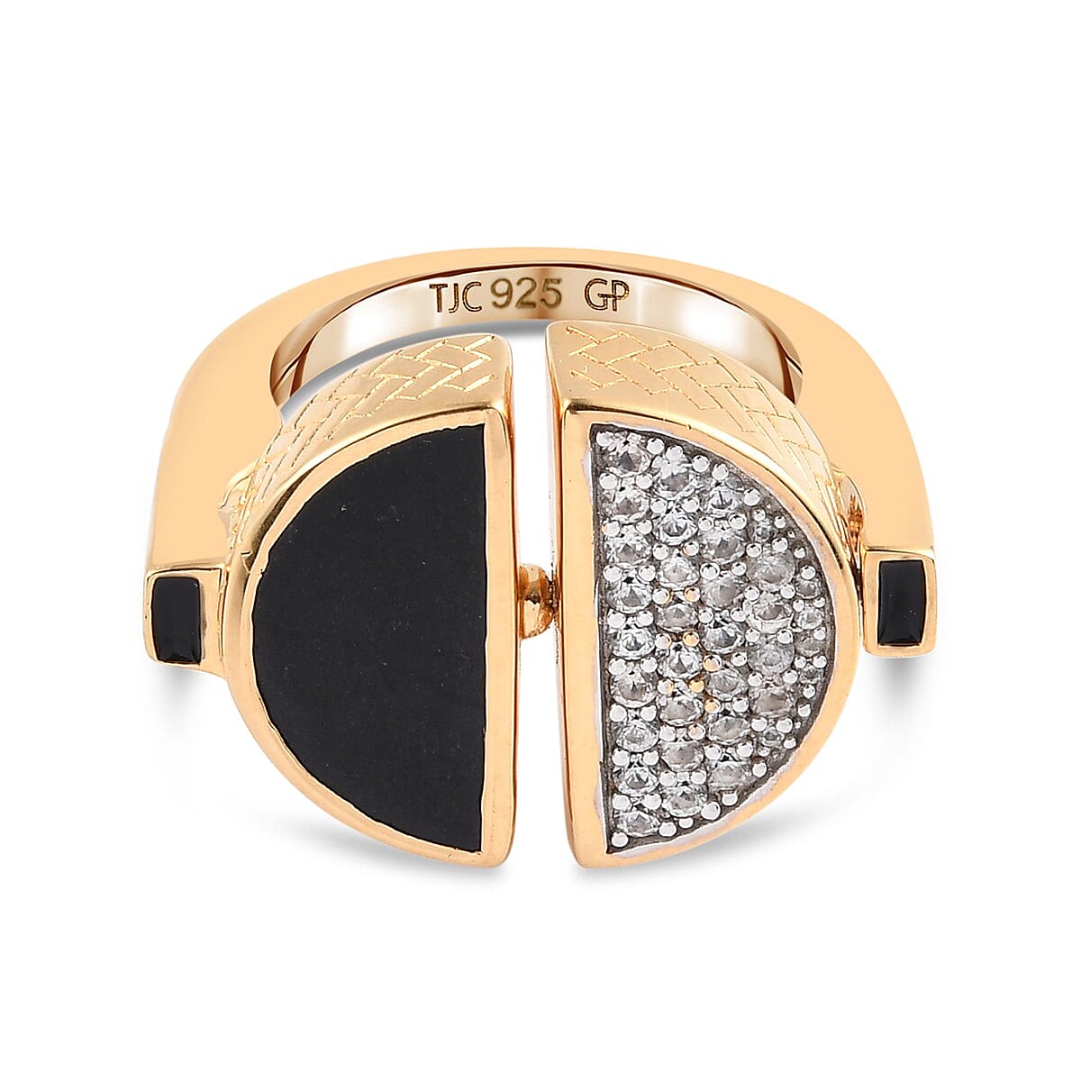 GP Art Deco Collection - Black Jade, Natural Zircon and Blue Sapphire Enamelled Ring in 14K Gold Overlay Sterling Silver 5.16 Ct