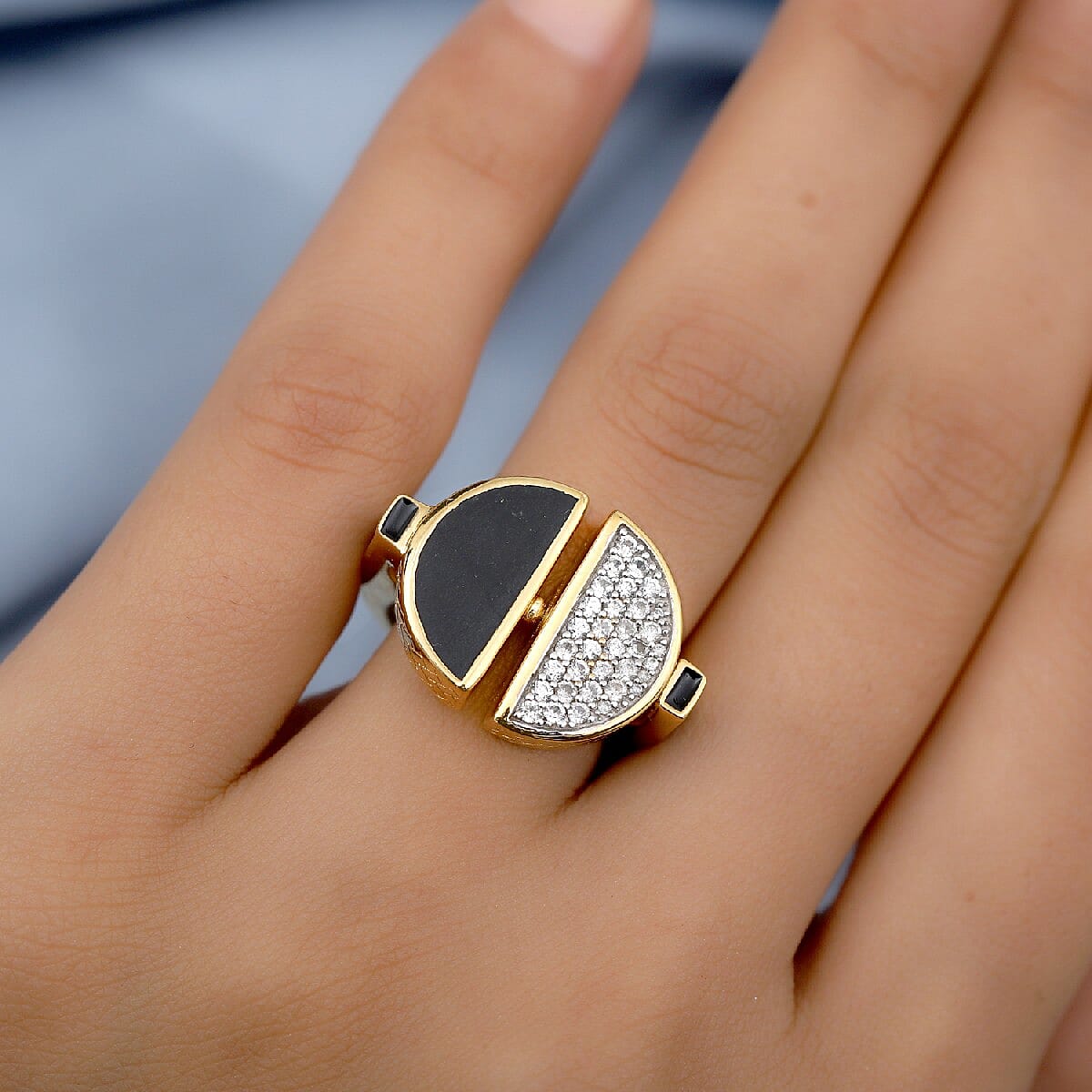 GP Art Deco Collection - Black Jade, Natural Zircon and Blue Sapphire Enamelled Ring in 14K Gold Overlay Sterling Silver 5.16 Ct