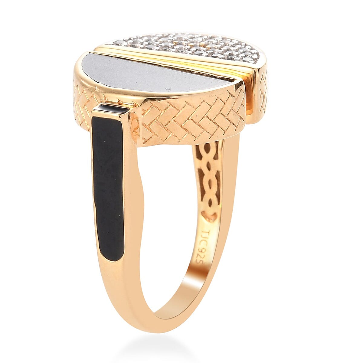 GP Art Deco Collection - Black Jade, Natural Zircon and Blue Sapphire Enamelled Ring in 14K Gold Overlay Sterling Silver 5.16 Ct