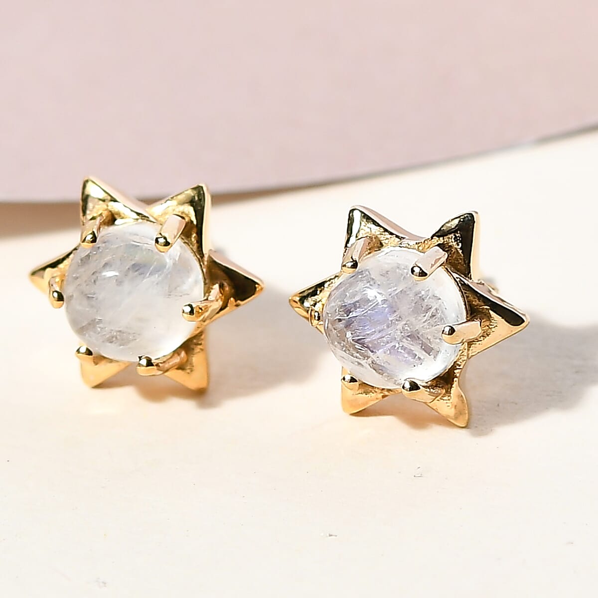 Rainbow Moonstone Stud Earrings (with Push Back) in 18K Yellow Gold Vermeil Plated Sterling Silver 2.06 Ct.