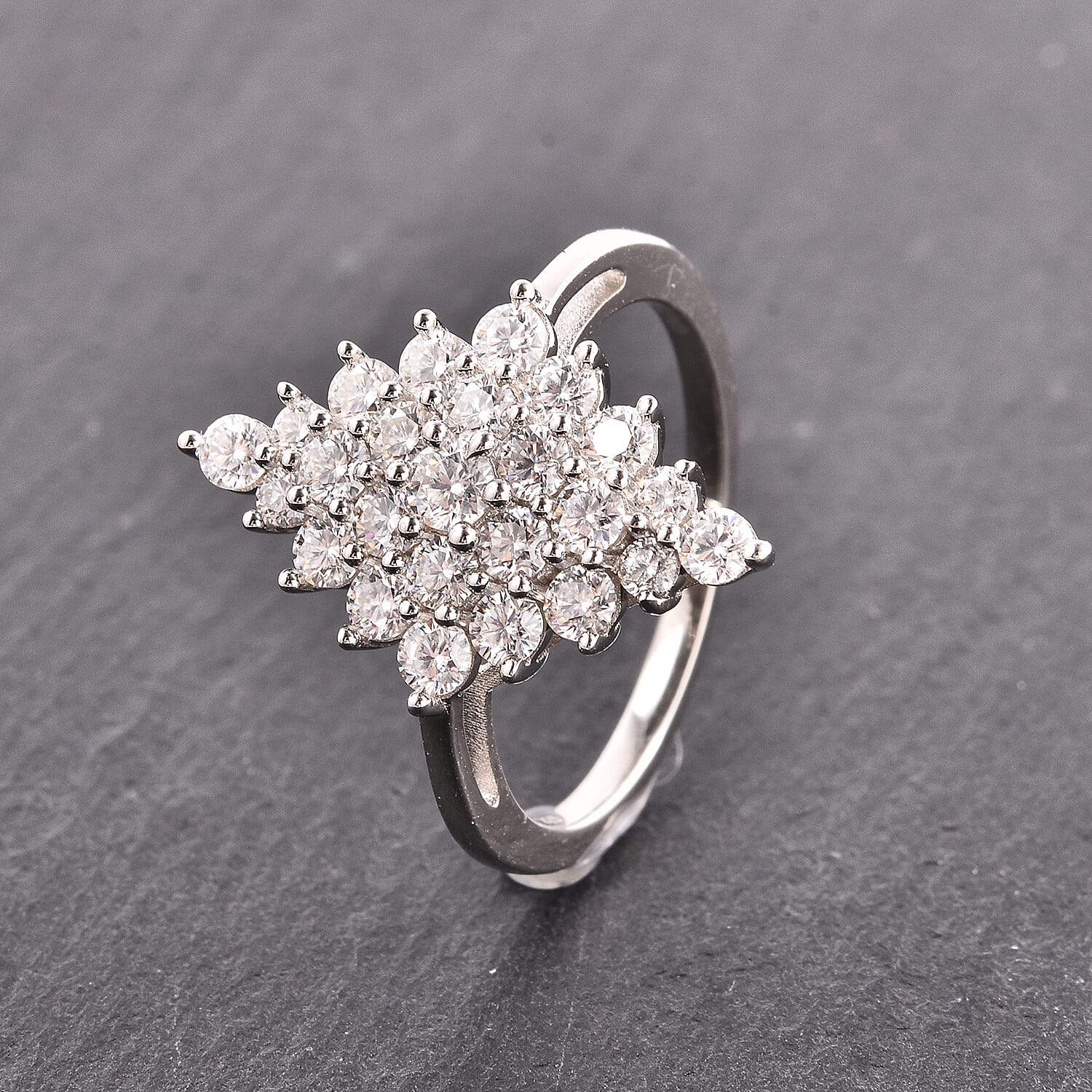 Moissanite Cluster Ring in Rhodium Overlay Sterling Silver 1.50 Ct
