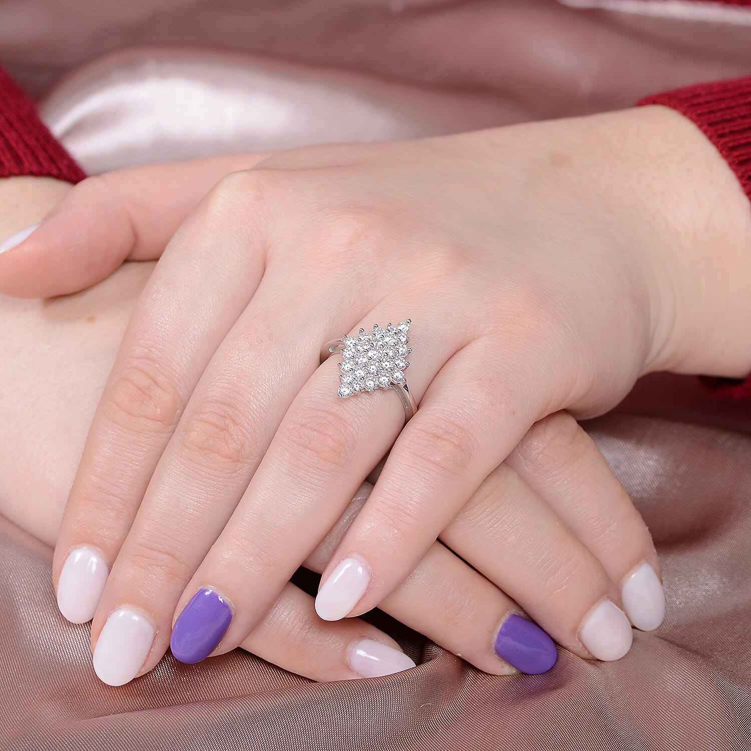 Moissanite Cluster Ring in Rhodium Overlay Sterling Silver 1.50 Ct