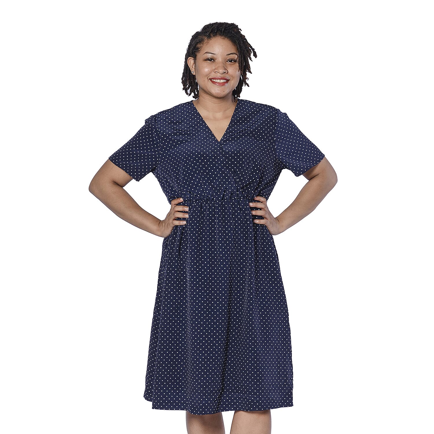 LA MAREY Vintage Style Polka Dot Print Wrap Dress in Navy (Size S, 10)