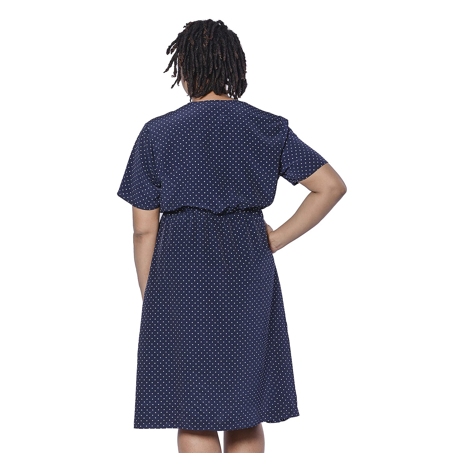 LA MAREY Vintage Style Polka Dot Print Wrap Dress in Navy (Size S, 10)