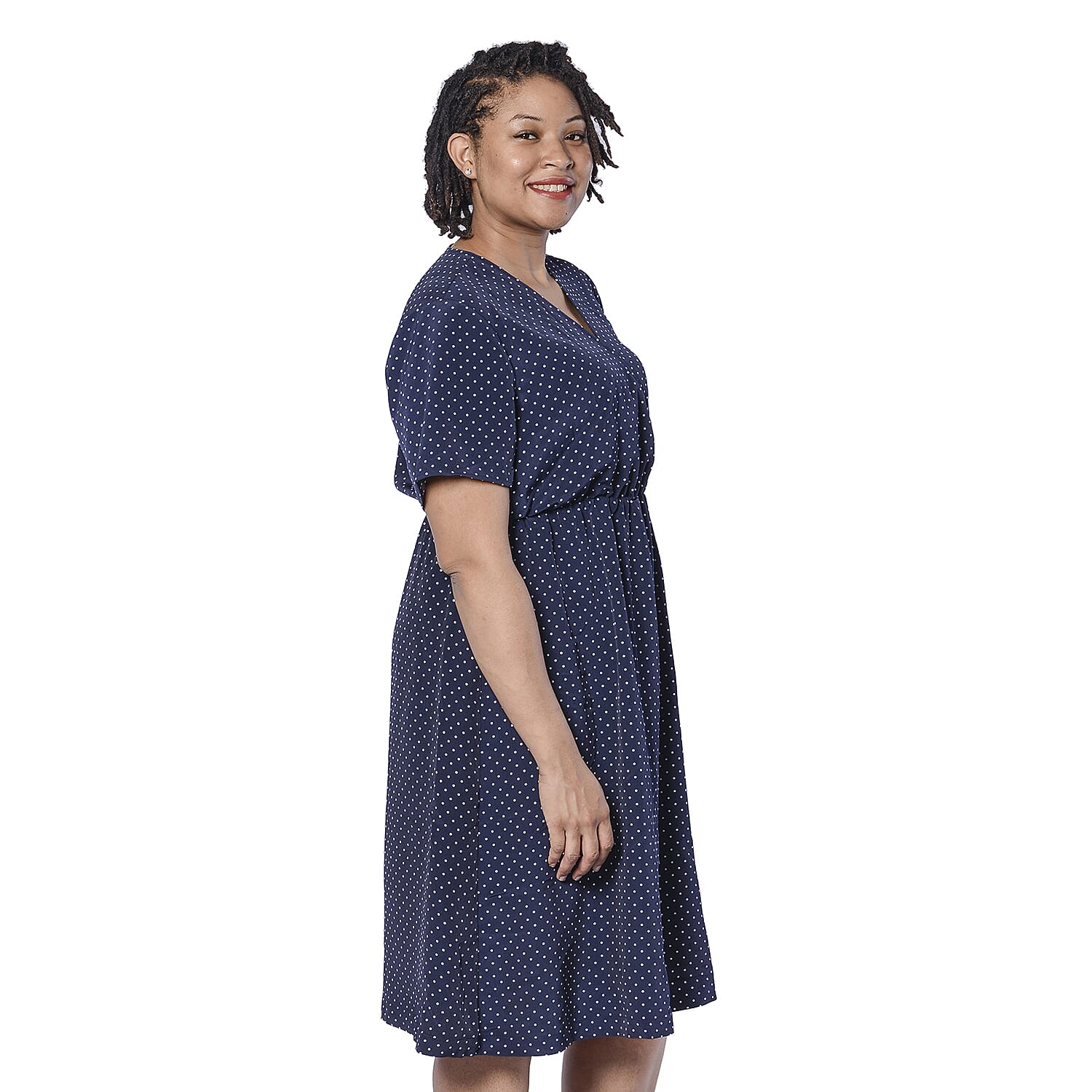 LA MAREY Vintage Style Polka Dot Print Wrap Dress in Navy (Size S, 10)