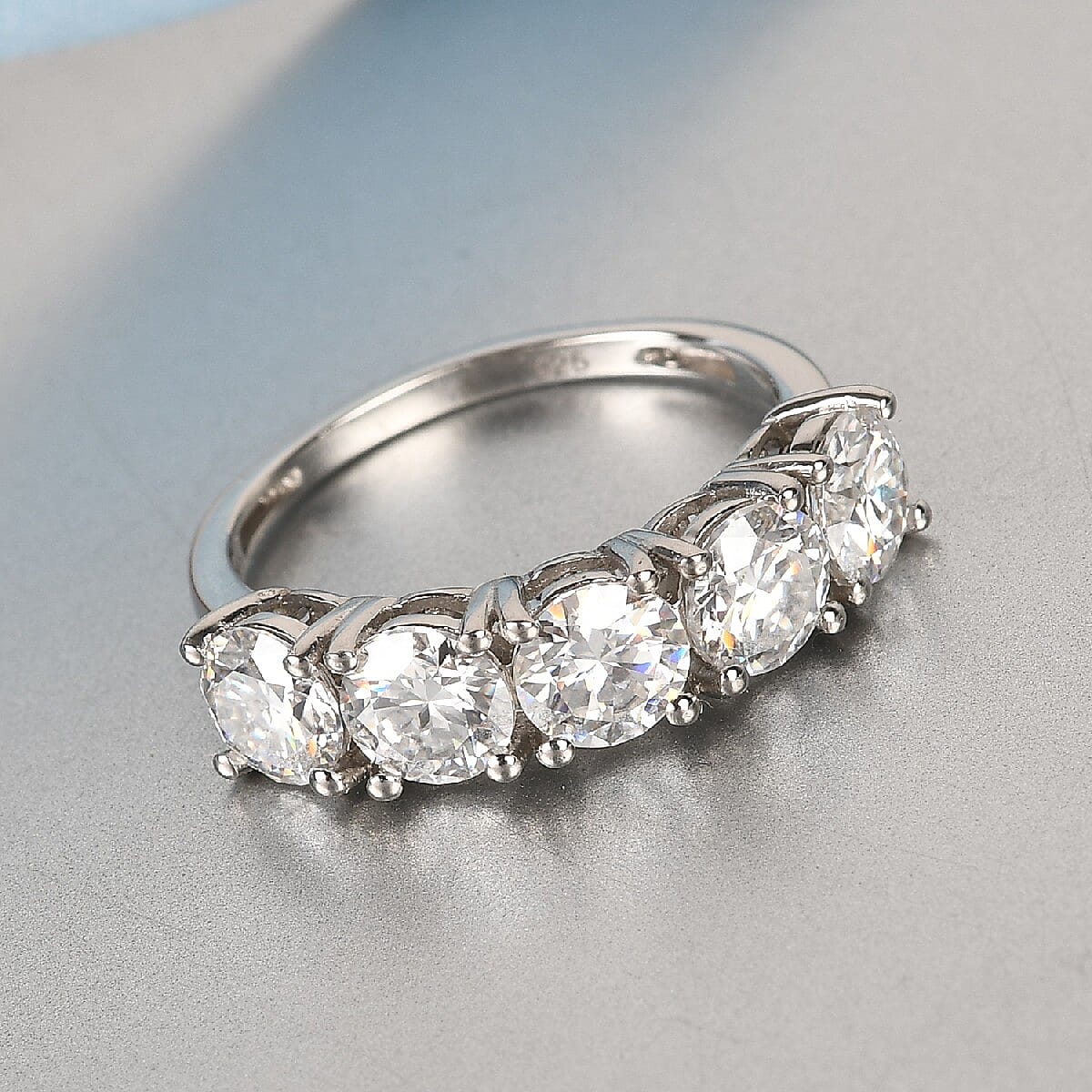 Moissanite 5 Stone Ring in Platinum Overlay Sterling Silver 2.15 Ct