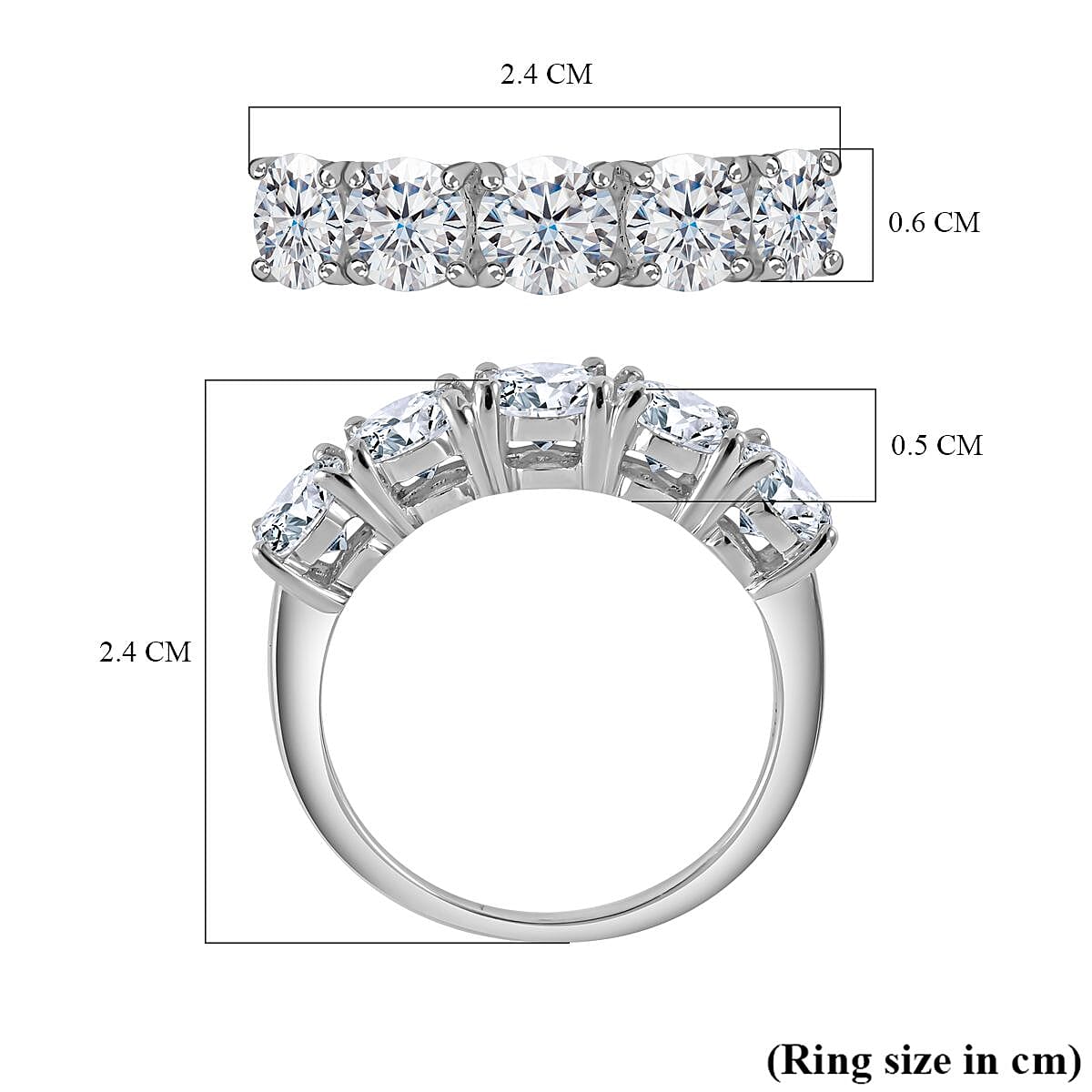 Moissanite 5 Stone Ring in Platinum Overlay Sterling Silver 2.15 Ct