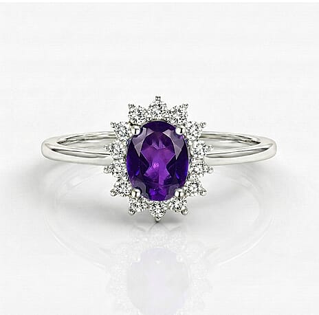 Amethyst and Natural Cambodian Zircon Halo Ring in Platinum Overlay Sterling Silver 1.11 Ct.