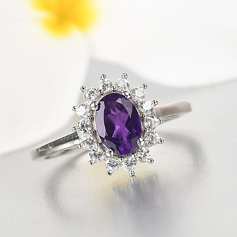 Amethyst and Natural Cambodian Zircon Halo Ring in Platinum Overlay Sterling Silver 1.11 Ct.