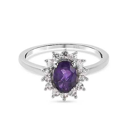 Amethyst and Natural Cambodian Zircon Halo Ring in Sterling Silver with Platinum Plating