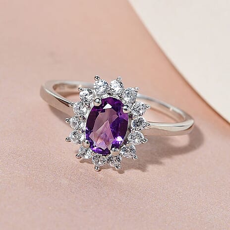 Amethyst and Natural Cambodian Zircon Ring in Platinum Overlay Sterling Silver 1.11 Ct.