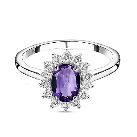 Amethyst and Natural Cambodian Zircon Halo Ring in Sterling Silver with Platinum Plating