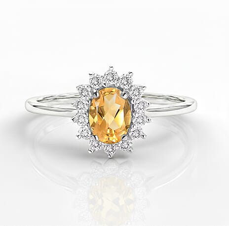 Citrine and Natural Cambodian Zircon Halo Ring in Platinum Overlay Sterling Silver 1.140 Ct