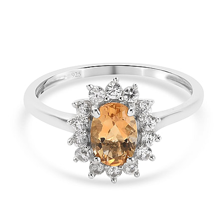 Citrine and Natural Cambodian Zircon Halo Ring in Sterling Silver with Platinum Plating
