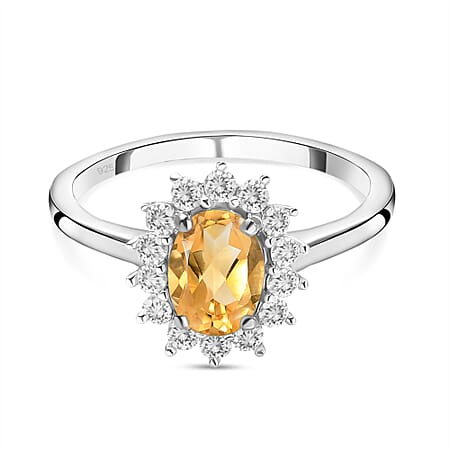 Citrine and Natural Cambodian Zircon Halo Ring in Sterling Silver with Platinum Plating