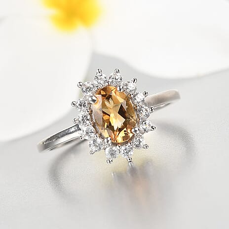 Citrine and Natural Cambodian Zircon Halo Ring in Platinum Overlay Sterling Silver 1.140 Ct