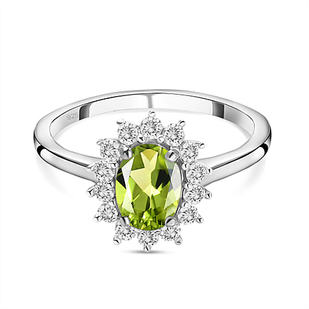 Hebei Peridot and Natural Cambodian Zircon Halo Ring in Sterling Silver with Platinum Plating