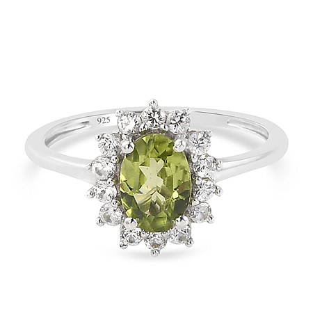Hebei Peridot and Natural Cambodian Zircon Halo Ring in Sterling Silver with Platinum Plating