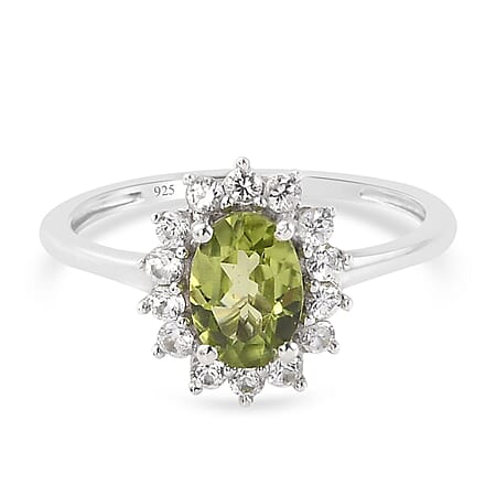 Hebei Peridot and Natural Cambodian Zircon Halo Ring in Sterling Silver with Platinum Plating