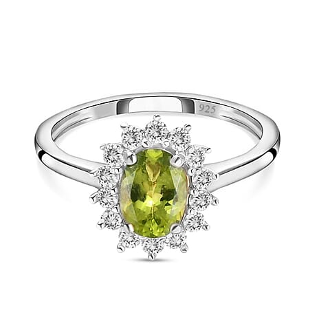 Hebei Peridot and Natural Cambodian Zircon Ring in Platinum Overlay Sterling Silver 1.320 Ct