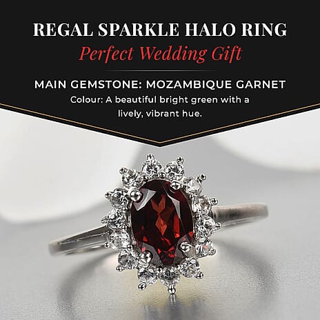 Mozambique Garnet and Natural Cambodian Zircon Halo Ring in Platinum Overlay Sterling Silver 1.40 Ct.