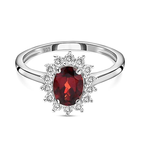 Mozambique Garnet and Natural Cambodian Zircon Halo Ring in Platinum Overlay Sterling Silver 1.40 Ct.