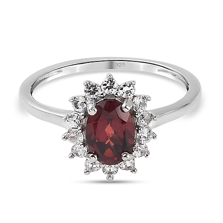 Mozambique Garnet and Natural Cambodian Zircon Halo Ring in Sterling Silver with Platinum Plating
