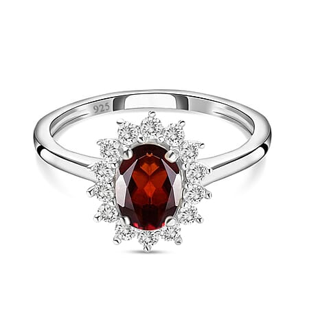 Mozambique Garnet January Birthstone Halo Ring with Natural Cambodian Zircon in Sterling Silver with Platinum Plating
