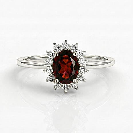 Mozambique Garnet and Natural Cambodian Zircon Halo Ring in Platinum Overlay Sterling Silver 1.34 Ct.