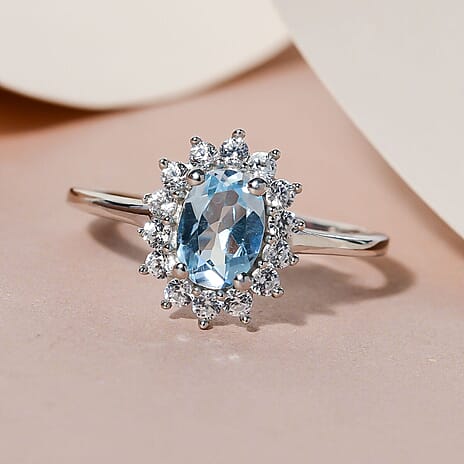 SkyBlue Topaz and Natural Zircon Halo Ring in Platinum Overlay Sterling Silver 1.49 Ct.