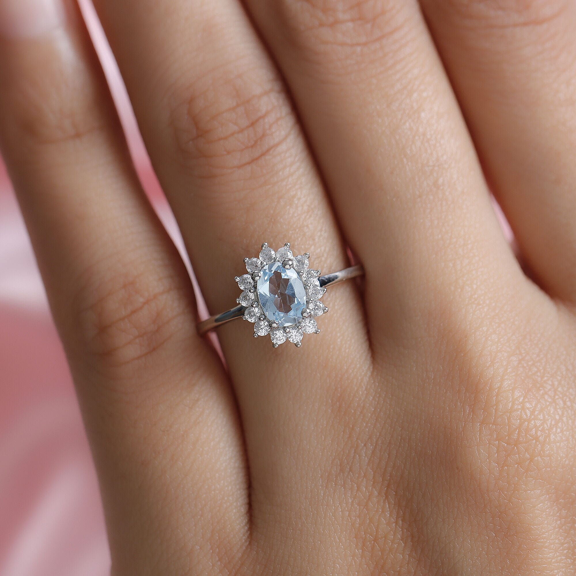 Sky Blue Topaz and Natural Cambodian Zircon Ring in Platinum Overlay Sterling Silver