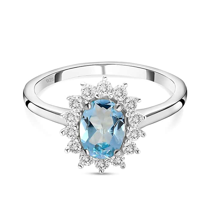 Sky Blue Topaz Princess Diana Inspired Halo Ring with Natural Cambodian Zircon in Platinum Plated Sterling Silver 1.38 Ct