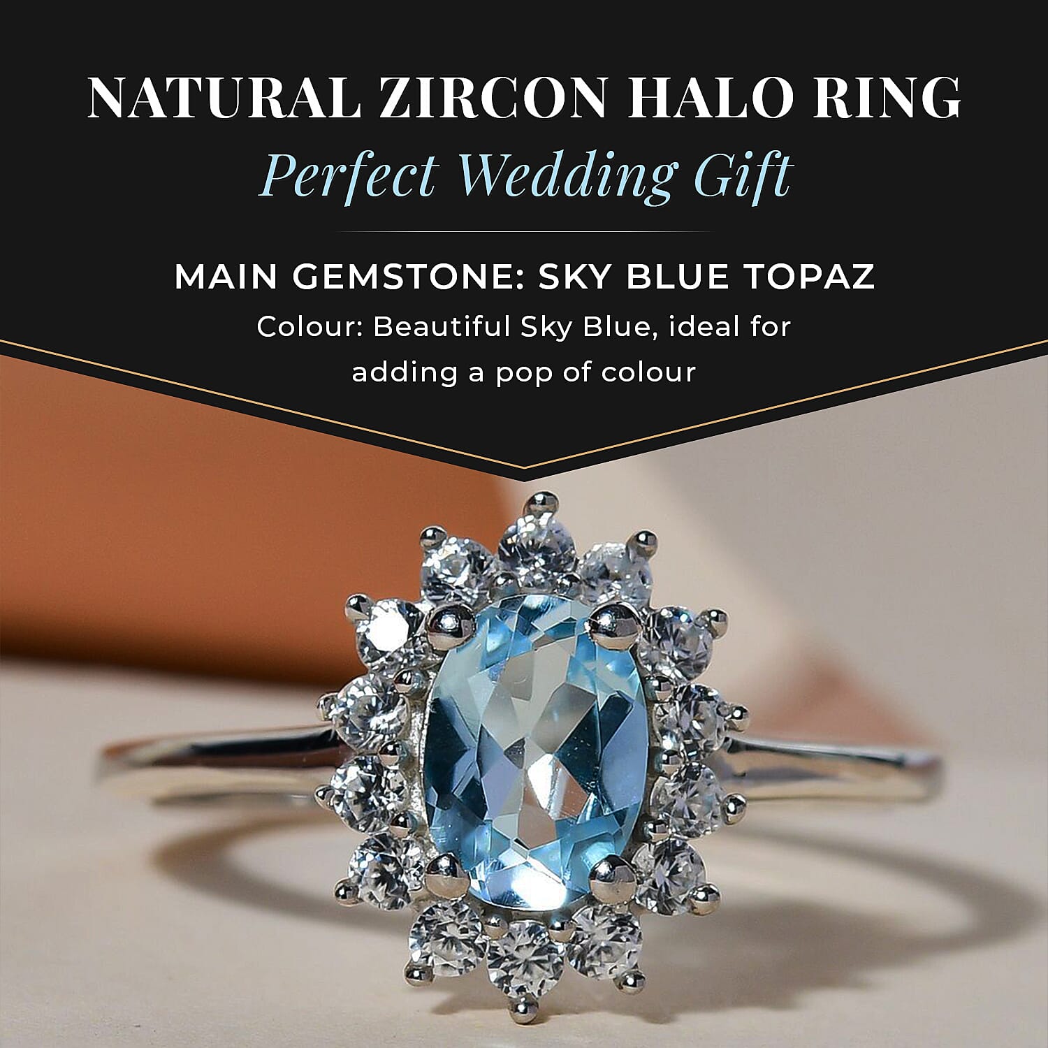 D'Joy SkyBlue Topaz & Natural Zircon Halo Ring in Platinum Overlay Sterling Silver 1.37 Ct.