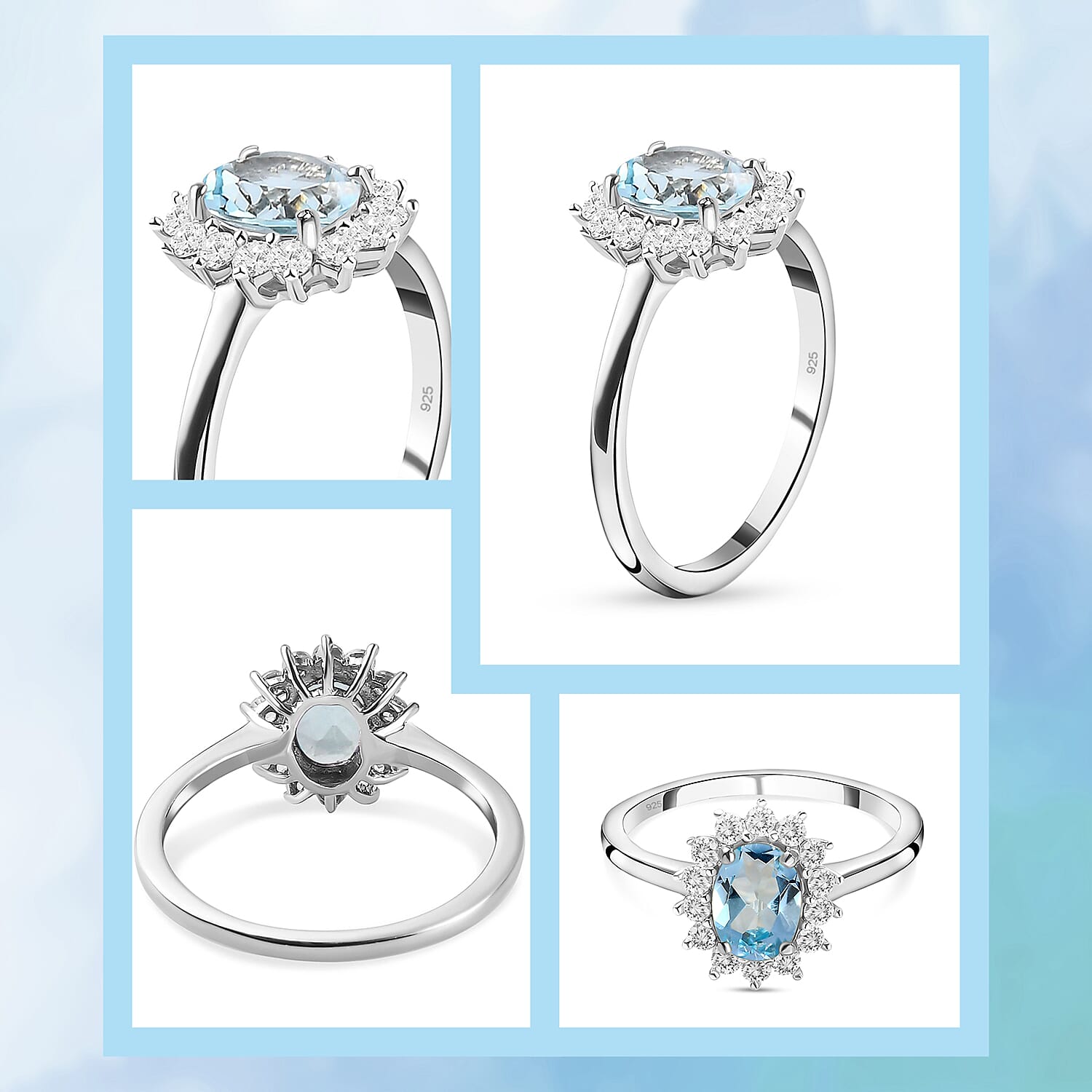 D'Joy SkyBlue Topaz & Natural Zircon Halo Ring in Platinum Overlay Sterling Silver 1.37 Ct.