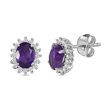 1.74 Carat African Amethyst and Cambodian Zircon Halo Earrings in Platinum Plated Sterling Silver