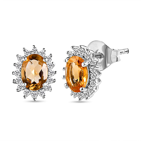 1.83 Ct. Citrine and Natural Cambodian Zircon Halo Earrings in Platinum Plated Sterling Silver
