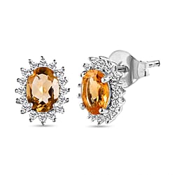 Citrine November Birthstone Halo Stud Earrings with Cambodian Zircon in Platinum Plated Sterling Silver