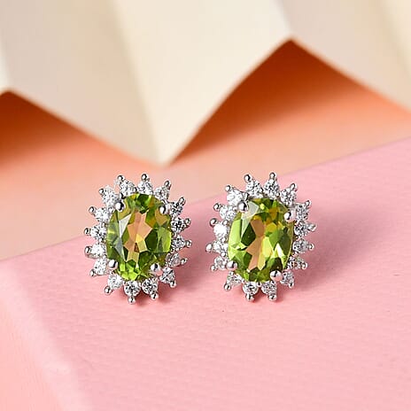 Hebei Peridot and Natural Zircon Earrings in Platinum Overlay Sterling Silver 2.19 Ct