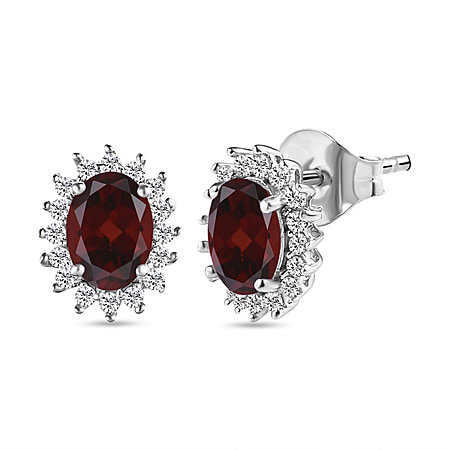 2.43 Ct. Red Garnet and Natural Cambodian Zircon Halo Earrings in Platinum Plated Sterling Silver