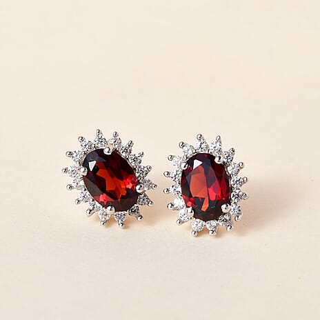 Red Garnet and Natural Zircon Halo Stud Earrings in Platinum Overlay Sterling Silver 2.10 Ct.
