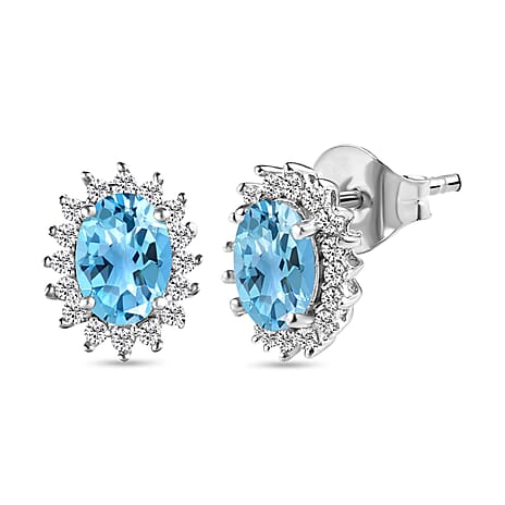 Sky Blue Topaz and Natural Zircon Halo Stud Earrings in Platinum Overlay Sterling Silver 1.28 Ct.