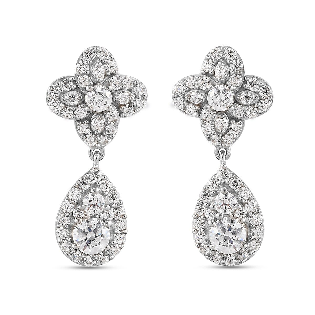 Lustro Stella Platinum Overlay Sterling Silver Earrings (with Push Back) Made with Finest CZ 6.33 Ct, Silver wt. 5.27 Gms