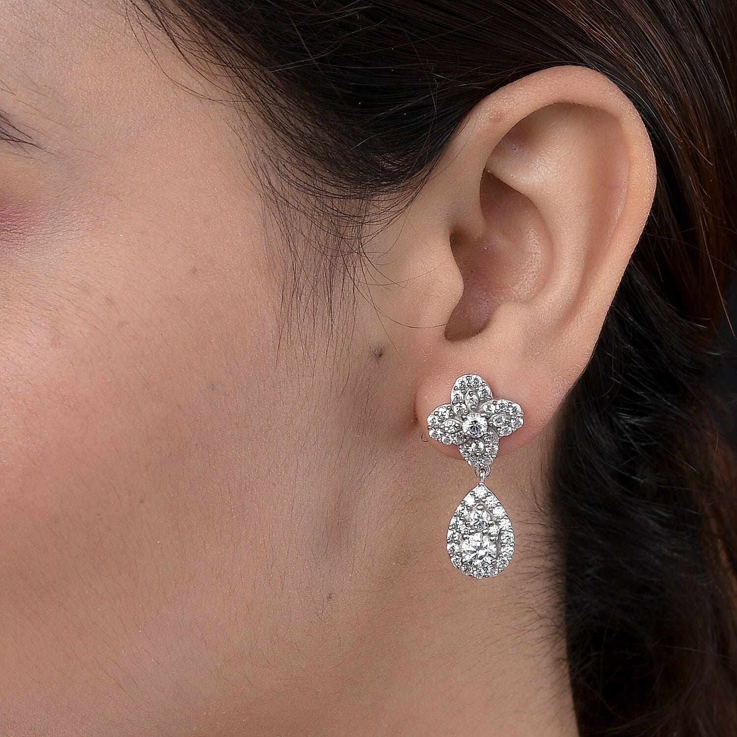 Lustro Stella Platinum Overlay Sterling Silver Earrings (with Push Back) Made with Finest CZ 6.33 Ct, Silver wt. 5.27 Gms