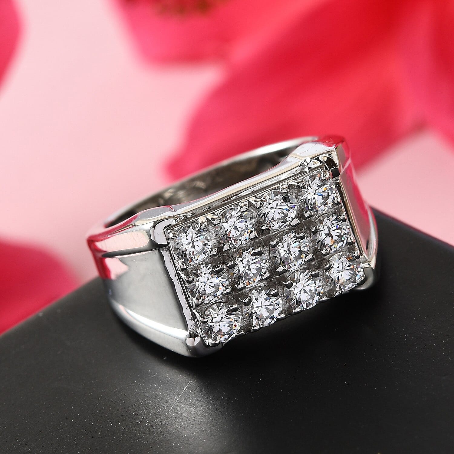 Lustro Stella Platinum Overlay Sterling Silver Ring Made with Finest CZ 3.14 Ct, Silver wt. 6.77 Gms