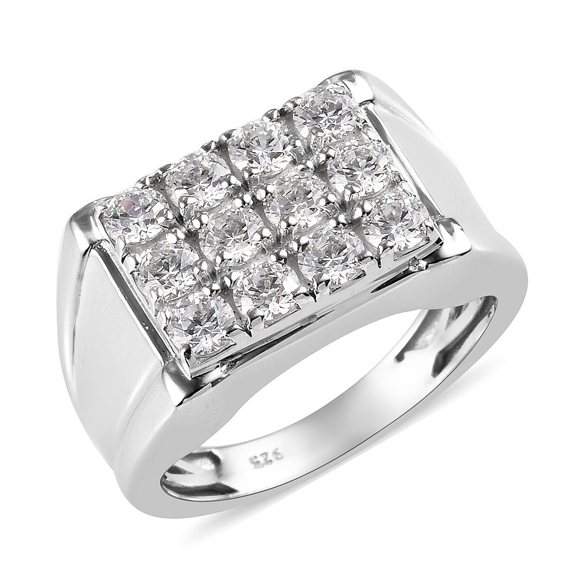 Lustro Stella Platinum Overlay Sterling Silver Ring Made with Finest CZ 3.14 Ct, Silver wt. 6.77 Gms