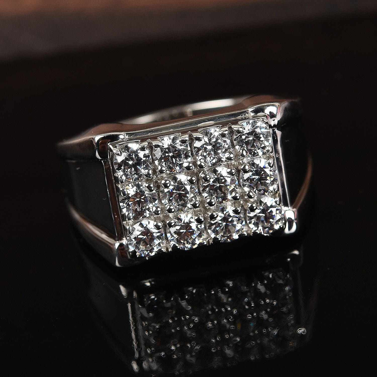 Lustro Stella Platinum Overlay Sterling Silver Ring Made with Finest CZ 3.14 Ct, Silver wt. 6.77 Gms