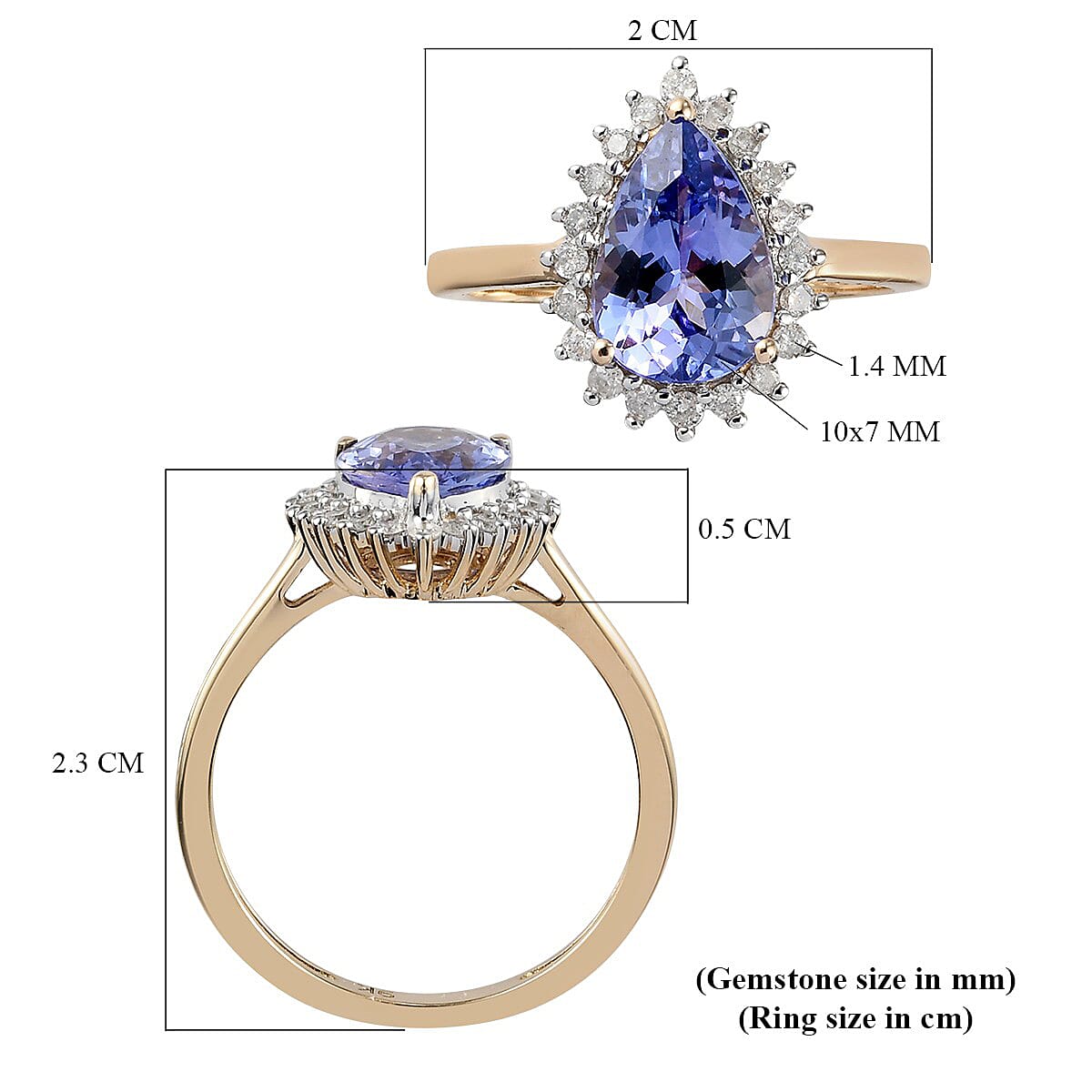 Elite Collection- 9K Yellow Gold Tanzanite and Diamond Halo Ring 2.10 Ct.